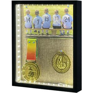 Shadow Box Frame Memory Boxes Display Cases with LED,10'' 8 '' Wood Dried Flower Picture Frame with Travel Keepsakes Memorabilia Medal for Hang Wall or Tabletop Photo Display Black