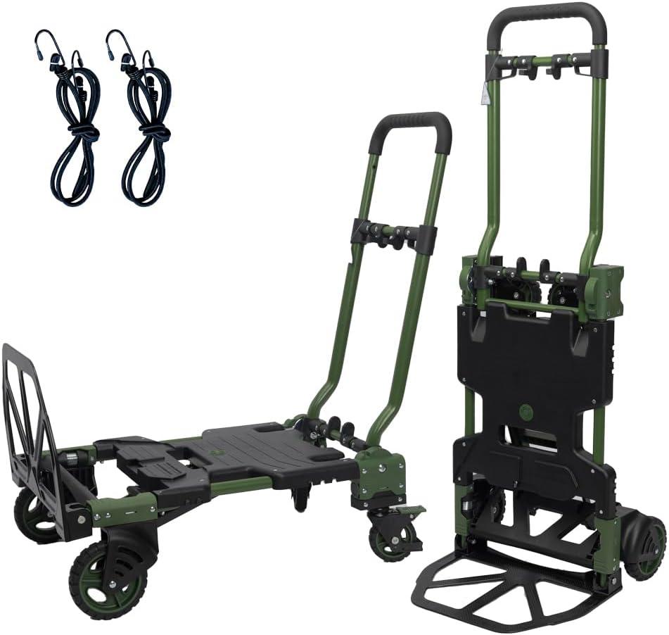 2-in-1 Black Folding Small cart, Outdoor Cargo handling Vehicle, Flatbed Trailer with a Load Capacity of 330 pounds (1, Green+Black Brake)
