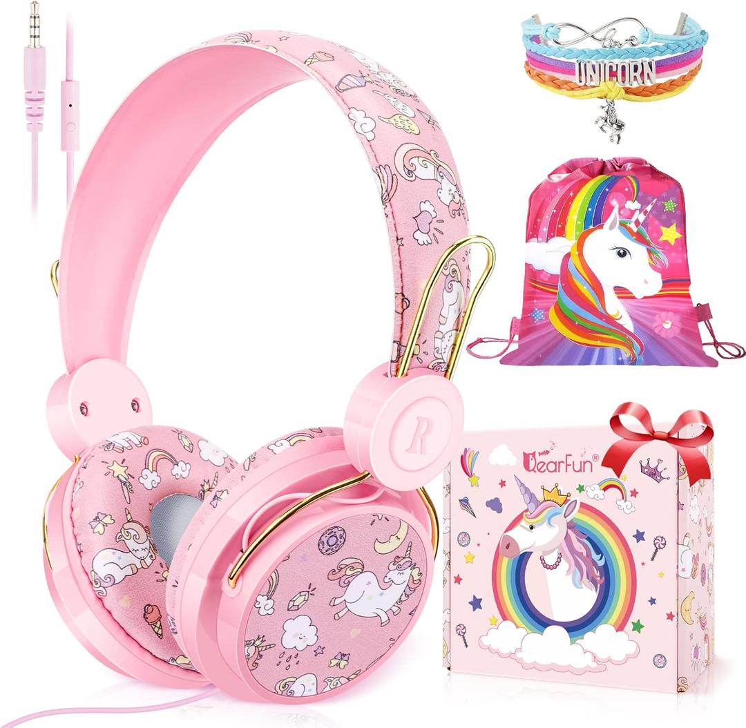 QearFun Sparkly Unicorn Headphones for Girls, Wired Headset with Mic, HD Stereo Sound, Foldable Over-Ear Headphones,Tangle-Free Cord for School, Travel, Tablet-Ideal Christmas & Birthday Gift (Pink)