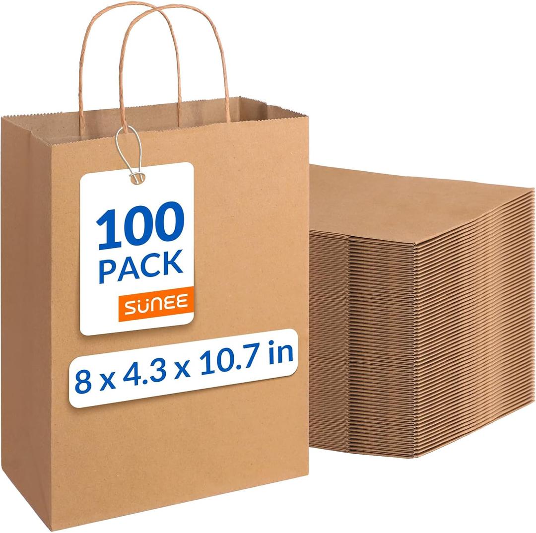 SUNEE 100Pcs Brown Paper Bags with Handles, 8x4.3x10.7 Inchs Gift Bags Bulk Medium Size, Kraft Paper Gift Bags for Party, Favor, Shopping, Grocery,Craft, Takeout Packaging and Bakery, Brown