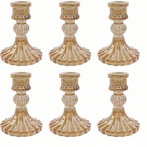 Glass Candlestick Holder,Striped Taper Candle Holders,Set of 6 Candle Stand for Table Centerpieces, Home Decor,Weddings,Festival and Parties (Amber Stripe Pattern)