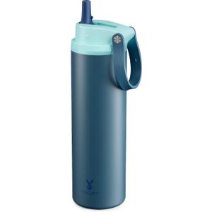 Meoky 24 oz Insulated Stainless Steel Water Bottle: Flip-to-Pop Straw, Leak Proof, 24H Cold, Wide Mouth, BPA-Free, Non-slip Base, Gym Water Bottle for Men Teen Boys, Denim