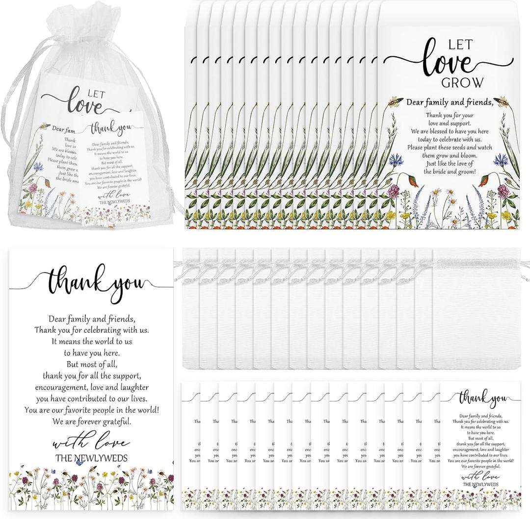 Ctosree 100 Set Wedding Favors for Guests Bulk Include 100 Pcs Self Adhesive Seed Packets Kraft Paper Seed Envelopes Let Love Grow Cards and Organza Gift Bags for Bridal Shower (Retro)
