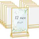 Acrylic Sign Holders 5 X 7, 12 Pack Table Number Holders for Wedding Table Numbers & Menu, Gold Border Acrylic Picture Frames Double Sided Clear Display Stand