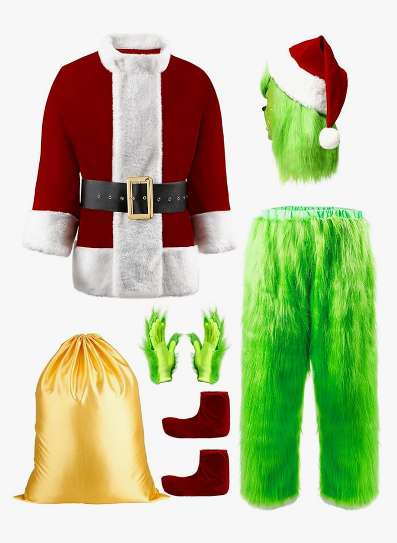 Halloween Costumes Adult, Green Costume 8PCS Christmas Santa Claus Costume for Men Cosplay Costume With Mask L