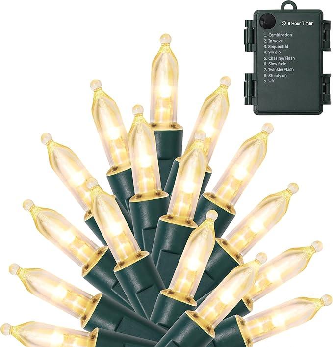 WATERGLIDE 50 LED Outdoor Christmas Lights, 16 FT Battery Operated Mini String Lights with 8 Modes & Timer, Xmas Tree Lights Waterproof for Patio Garden Party Wedding Holiday Decor, Warm White