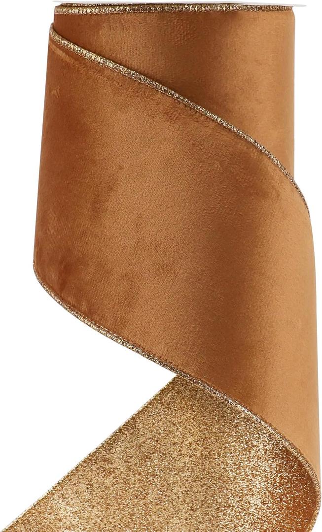 HUIHUANG Velvet Wired Ribbon 4 inch Copper Double-Sided Glitter Wire Christmas Tree Ribbon for Christmas Tree, Wreaths, Tree Top Bows, Garland, Home Decor, Fall Decor- 10 Yards