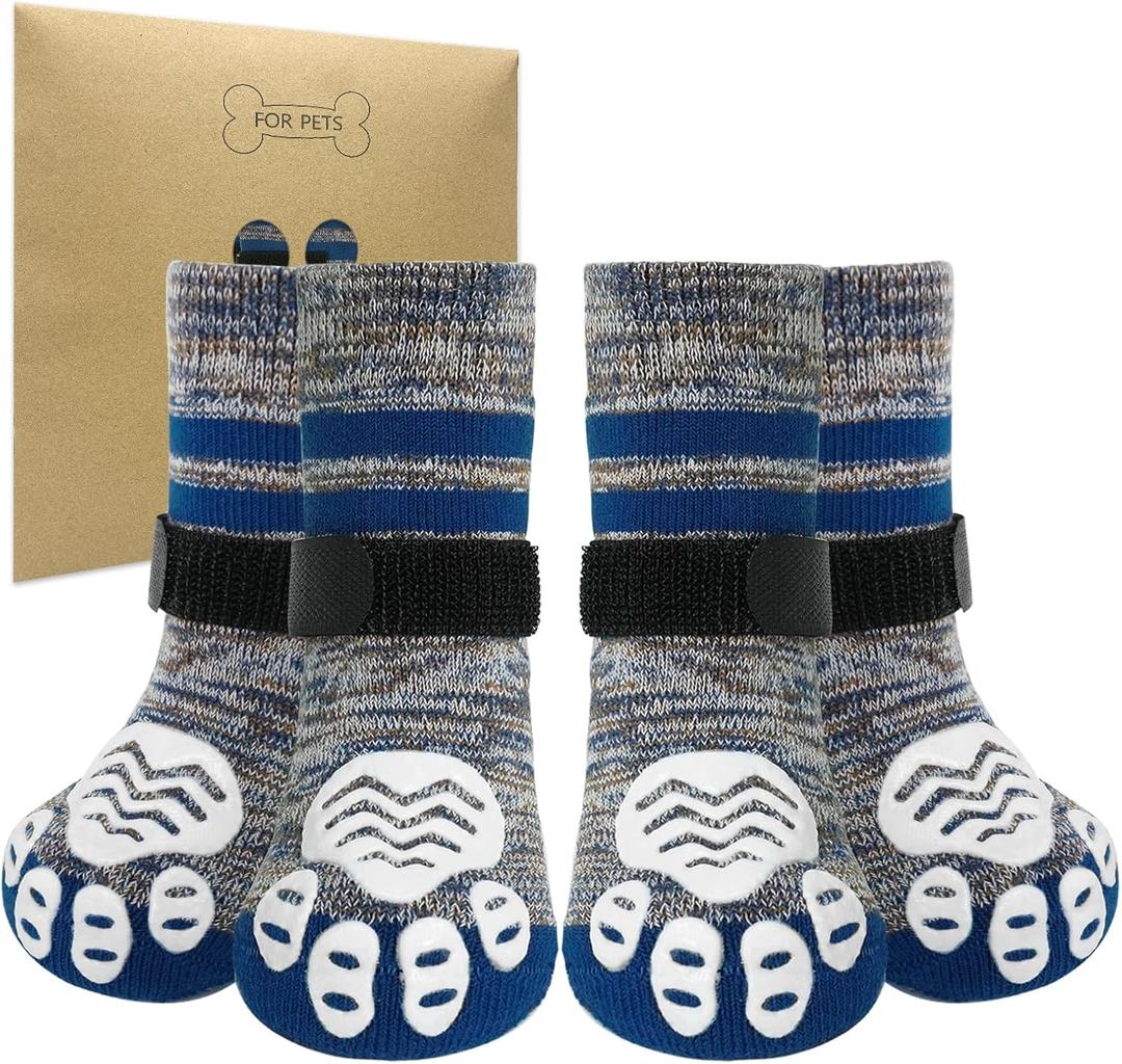 PUPTECK Anti-Slip Dog Socks with Double Sides Grips Booties, Traction on Hardwood Floors to Prevent Licking Paws, Dog Shoes for Cold Hot Pavement, for Medium Large Senior Dogs, Navy Blue (Large (4 Count))