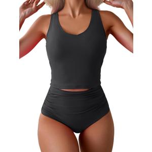 Eomenie Two Piece Tankini Swimsuits for Women Tummy Control Bathing Suits U Back Swim Tank Top with High Waisted Bottom (Black, L)