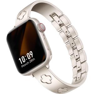 Missair Compatible with Apple Watch Band 38mm 40mm 41mm 42mm 44mm 45mm 46mm 49mm, Four Leaf Lucky Bracelet Women Dressy Stainless Steel Metal Clover Strap for iWatch Series 11 10 9 8 7 6 5 4 SE Ultra (Starlight)