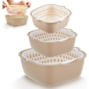 LemonRoad 6 Pcs Drain Colander Bowl Set Fruits and Vegetable Washing Strainer Detachable Double-layer Plastic Kitchen Food Basket, Kitchen Essential Gadgets (White,Grey)