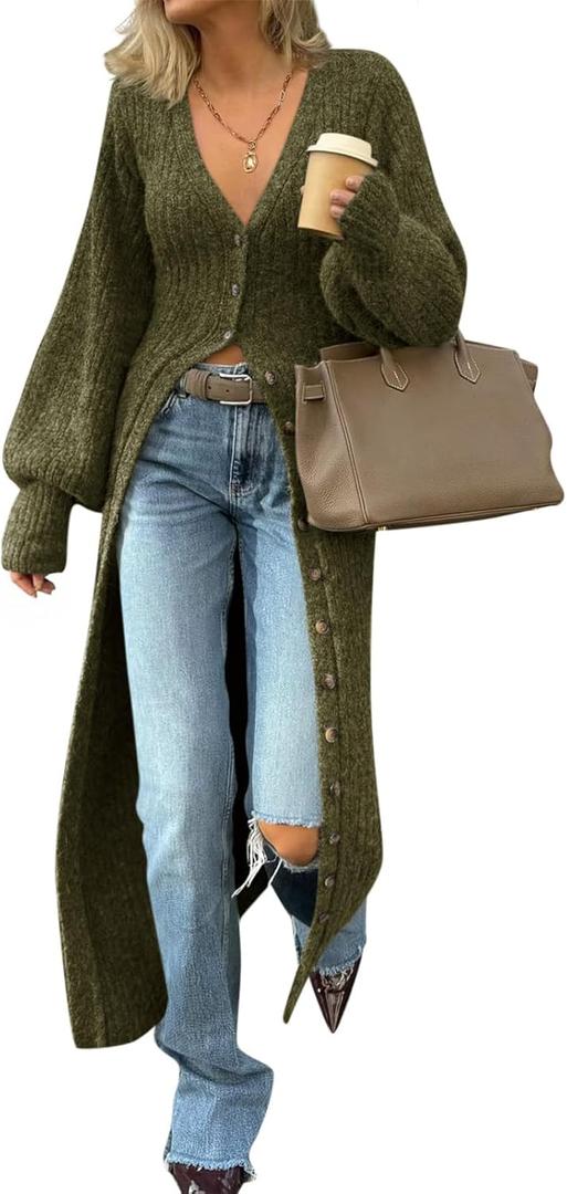 Saodimallsu Womens Long Cardigans V Neck Button Down Chunky Knit Dusters Sweater Coat Fall Trendy Maxi Sweater Dress (XX-Large, Army Green)