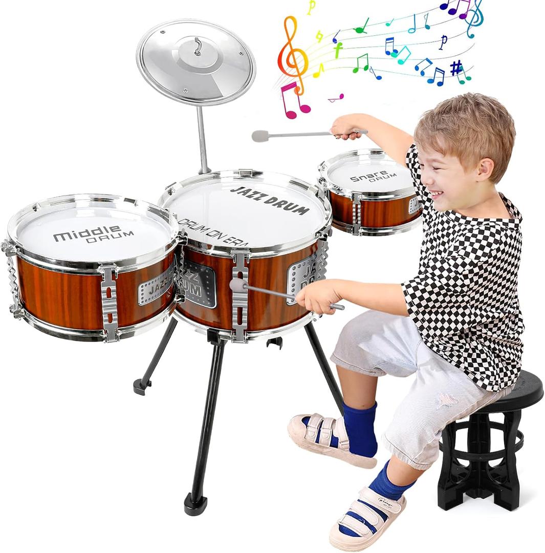Kids Drum Set Music Toy Drum Set for Toddlers Ages 3-5 Jazz Drums Kit with Stool, 3 Drums Percussion Musical Instruments Toys for 3 4 5 Year Old Boys Girls Gifts (Brown)