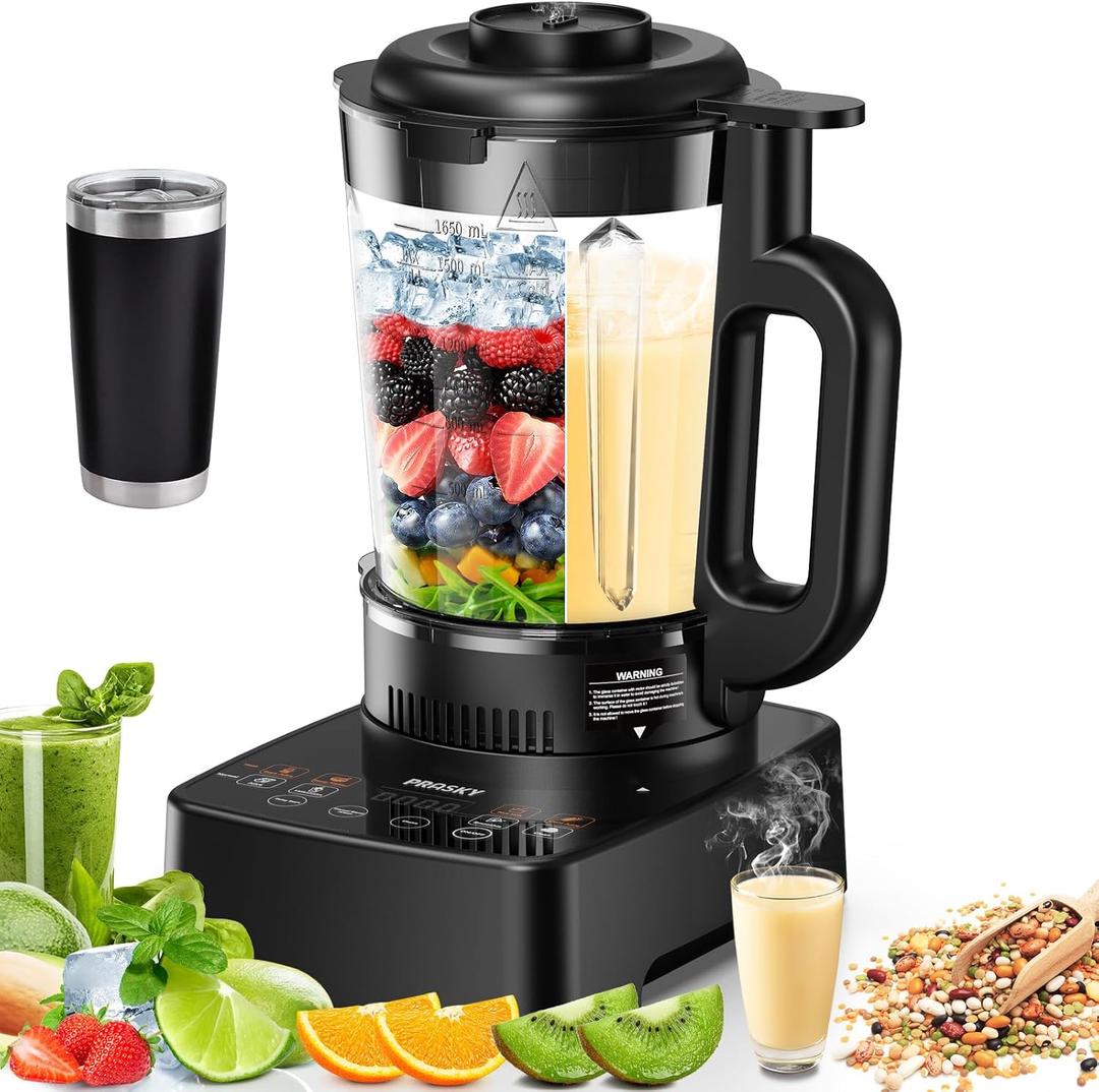 Blenders for Kitchen with Heating, PRASKY 1000W 55oz Glass Blender, 25000 RPM High Speed Professional Blender for Smoothies Shake Juice, Keep Warm & Auto Clean for Ice Crushing Soups Sauces (Black)