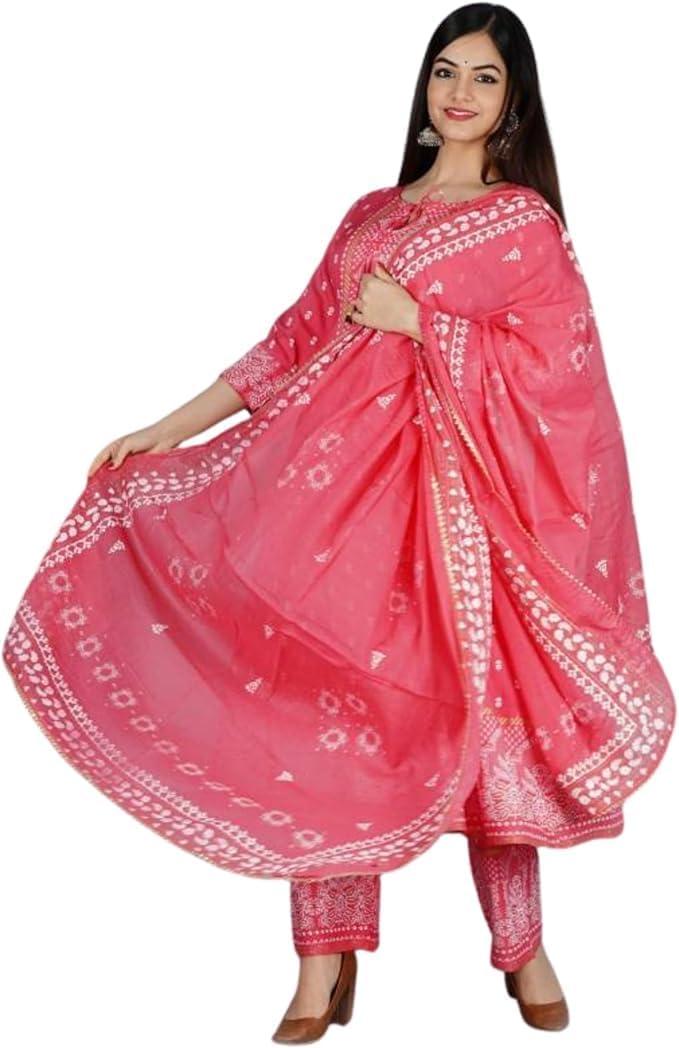 SAYANG Cotton Anarkali Indian Kurti for Women Summer Dress Kurta Pant with Dupatta Set (Purple, S)