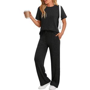 LILLUSORY 2 Piece Lounge Sets for Women Sweater Sets Airport Travel Outfits 2025 Sweat Suits Matching Wide Leg Pants (X-Large, Black)