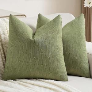 FUTEI Pack of 2 Chenille Decorative Throw Pillow Covers 20x20 Inch,Soft Cozy Striped Geometric Patterns Cushion Case,Modern Home Decor for Couch Bed Living Room,Olive Green