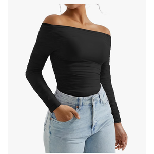 OMKAGI Women Long Sleeve Tops Sexy Off Shoulder Shirts Fitted Going Out Y2K Crop Top (L)