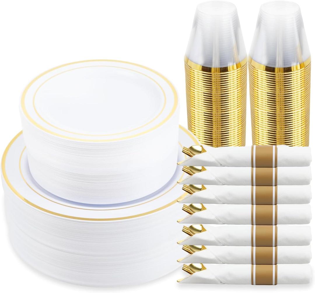 M MCIRCO 350 Piece Gold Dinnerware Set,100 Plastic Plates, 50 Cups,50 Pre Rolled Napkins with Plastic Silverware, Disposable Gold Dinnerware Set for 50 Guest