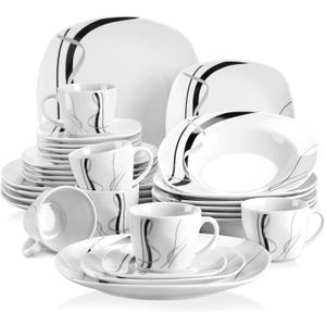 VEWEET, Series Fiona, 30-Piece Dinnerware Sets for 6, White Dishes Set with Black and Gray Stripes, Porcelain Dinner Set Including Dessert Plates, Soup Plates, Dinner Plates, Cups & Saucers