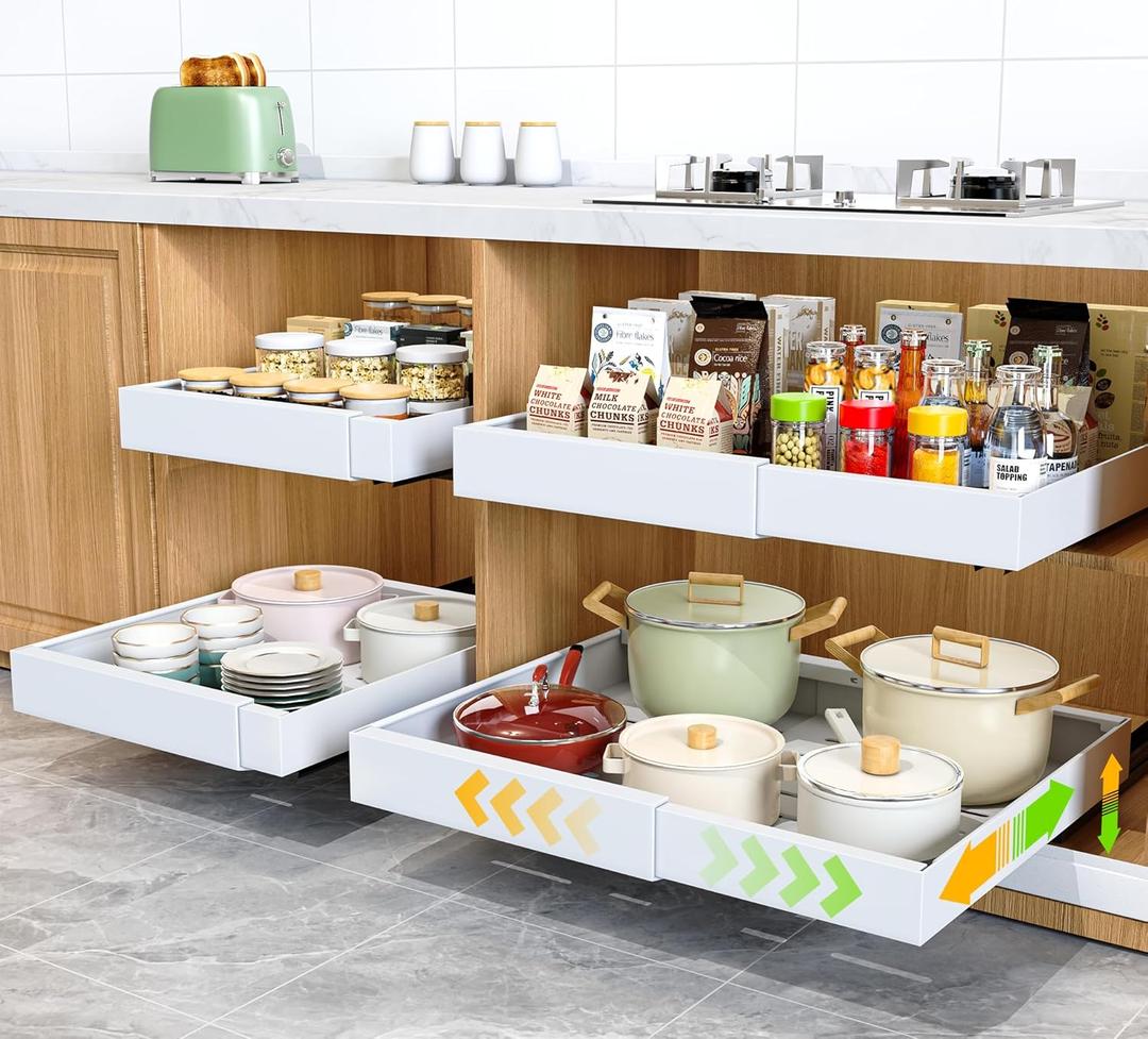 4 Pack Pull Out Cabinet Organizer,21" Deep Slide Out Drawer Organizers, No Drill Roll Out Drawers Adhesive with Nano Compatible Framed Cabinets Shelves for Kitchen Pantry Adjustable Width (White)