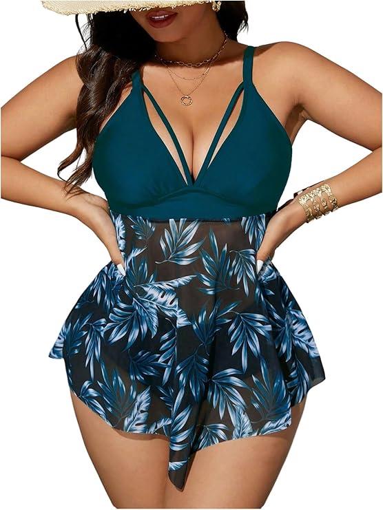 Women's Plus Size 2 Piece Bikini Set V Neck Floral Mesh Flowy Tankini High Cut Bathing Suits, Size 3XL