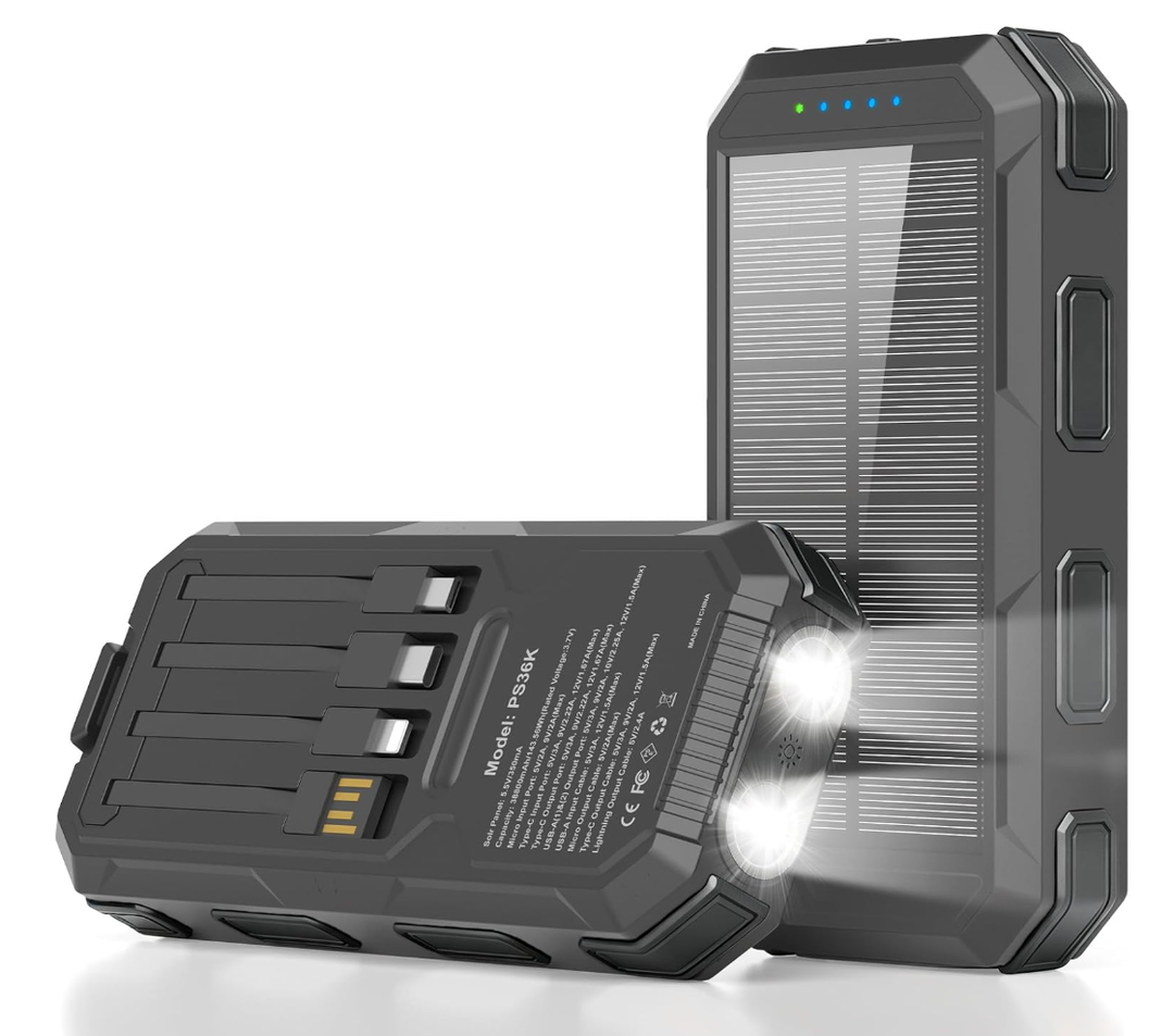Solar Charger, 38800mAh Solar Power Bank, Waterproof External Backup Battery Power Pack with USB C Input/Output/LED Flashlights Compatible with iPhone, Samsung, iPad, Suitable for Outdoor, Camping
