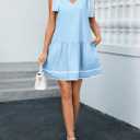 Wenrine Womens Summer V Neck Mini Dress Tie Shoulder Sleeveless Contrast Loose Casual Beach Dresses (Blue)