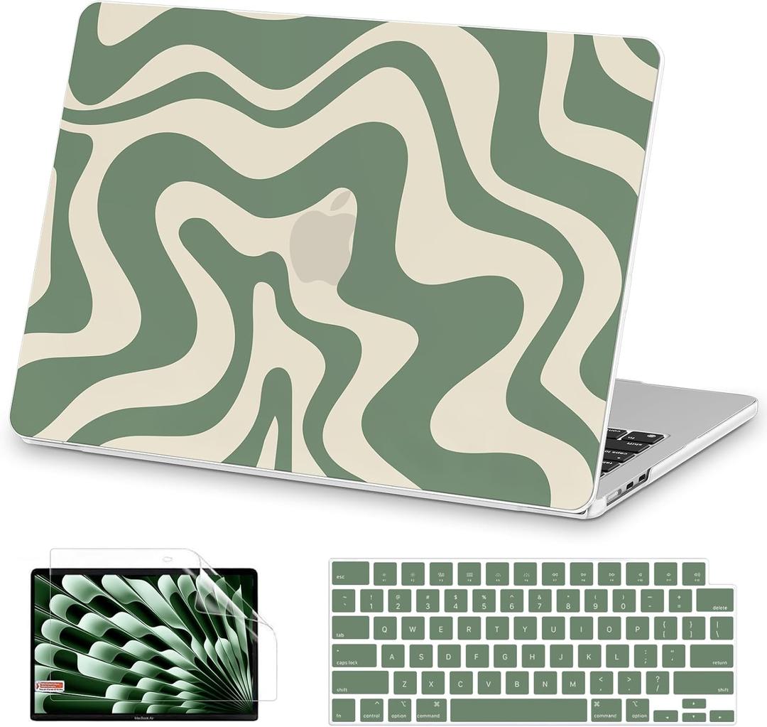 AKIT Compatible with MacBook Air 15 Inch Case 2026 2025-2023 M5 M4 M3 M2 A3448 A3241 A3114 A2941, Unique Pattern Hard Shell Laptop Case+Keyboard Cover+Screen Protector for Mac Air 15 Inch, Green Wave