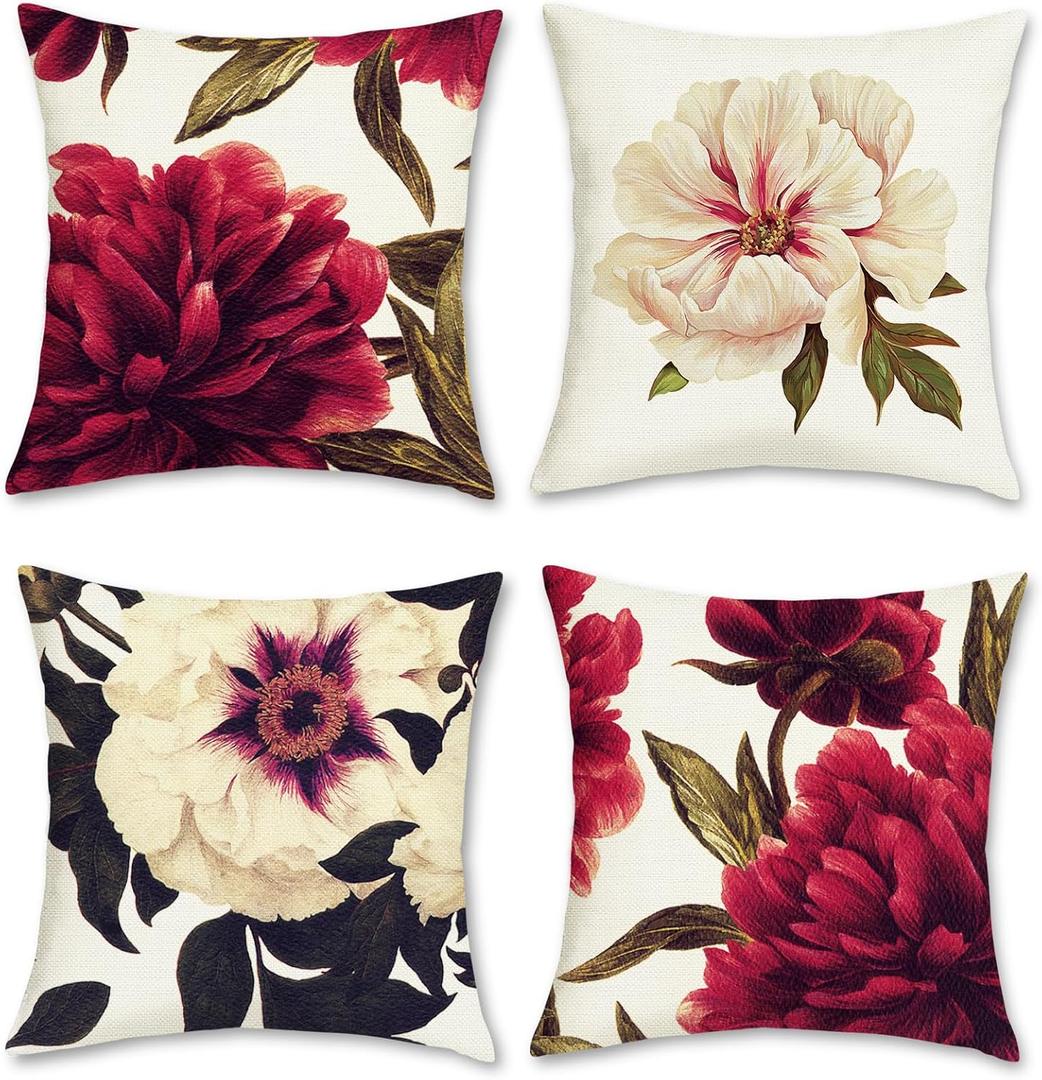 Bonhause Spring Floral Throw Pillow Covers 18x18 Inch Red Peony Burgundy Flower Outdoor Decorative Pillow Cases Polyester Linen Cushion Covers for Sofa Couch Bedroom Home Decor Set of 4