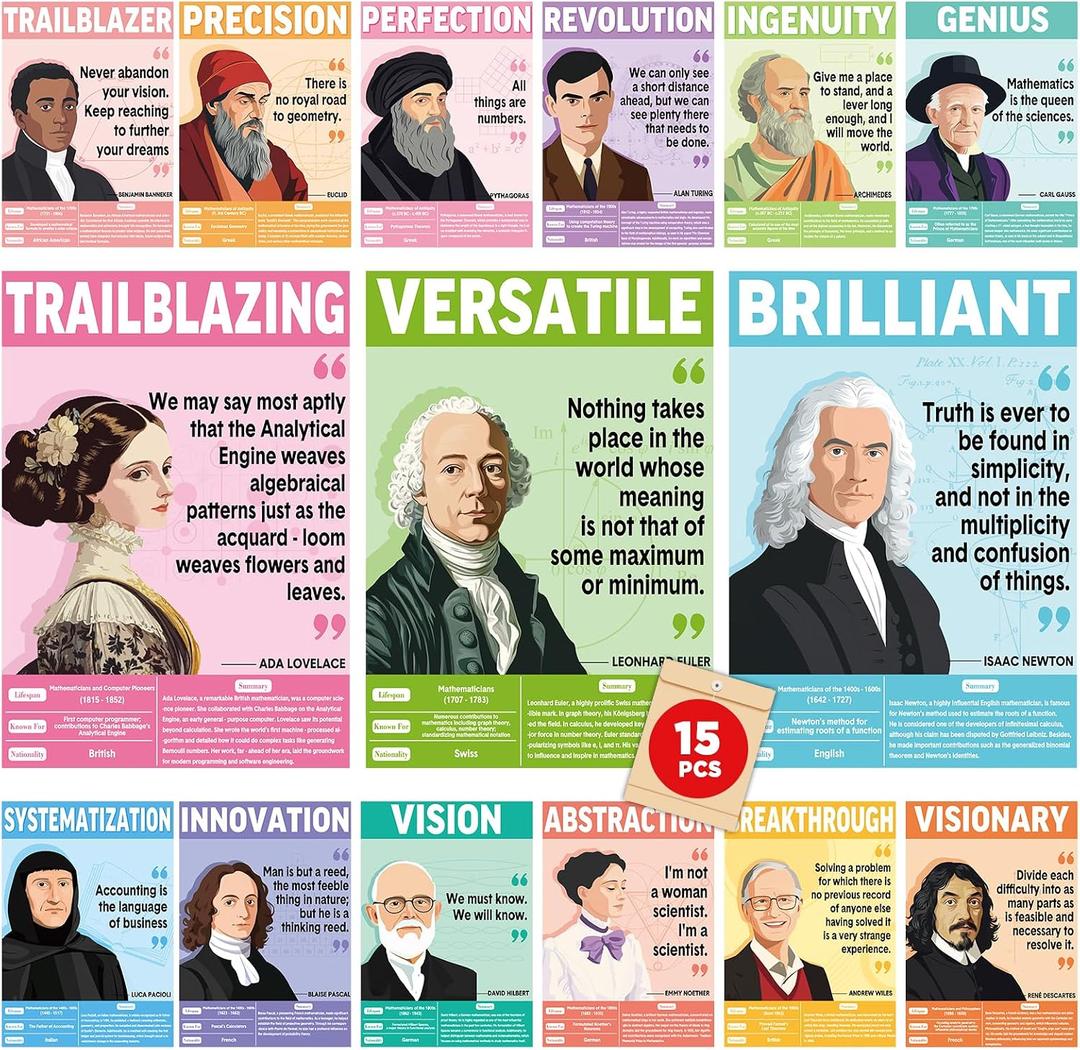 15 Pcs Famous Mathematicians Posters for Classroom Decor 15.7 x 11 Inch Inspirational Quote Math Bulletin Board Posters Math Wall Art Decorations for Elementary Middle High Back to School Library Room, medium
