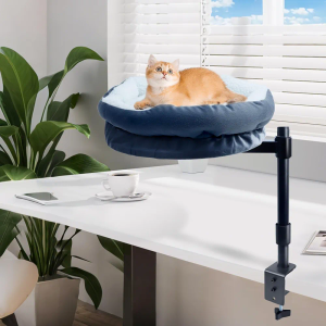 Cat Desk Bed - Soft Thick Cushion, 360° Rotating & Adjustable Height, Max 40 lbs, Washable Desk Mount Pet Bed for Kitten, Cat Hammock for Office Desktop& Home, Study(Grey)