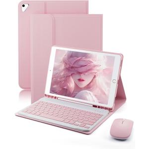 TUNKARMOR Keyboard Case for iPad 9.7 inch 6th/5th Generation, 2018/2017 Model, iPad Air 2 (2014) - Mouse and Detachable Keyboard for iPad Pro 9.7, Slim Case with Pen Holder - Pink
