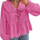 ZESICA Women's Tie Front Peplum Tops Long Puff Sleeve Lapel Collar Cute Babydoll Blouses Shirts (Hot Pink) S
