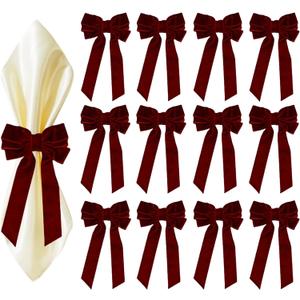 Bow Napkin Rings Set of 12 Luxury Soft Burgundy Velvet Napkin Holders, Elegant Bow Design for Christmas Holiday Dinner Wedding Party Table Decor