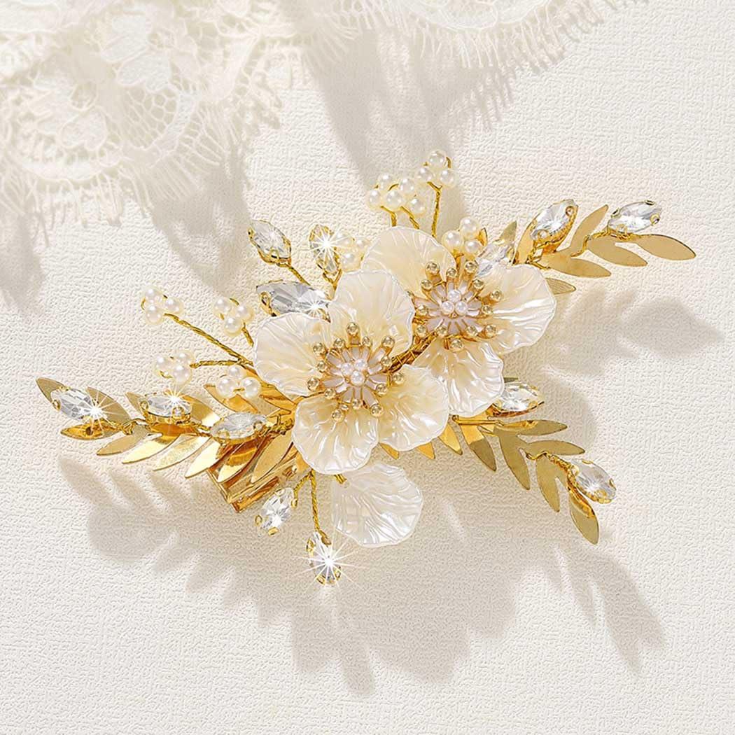 JAKAWIN Gold Hair Clip Gold Flower Wedding Hair Piece Crystal Bridal Hair Accessories for Women