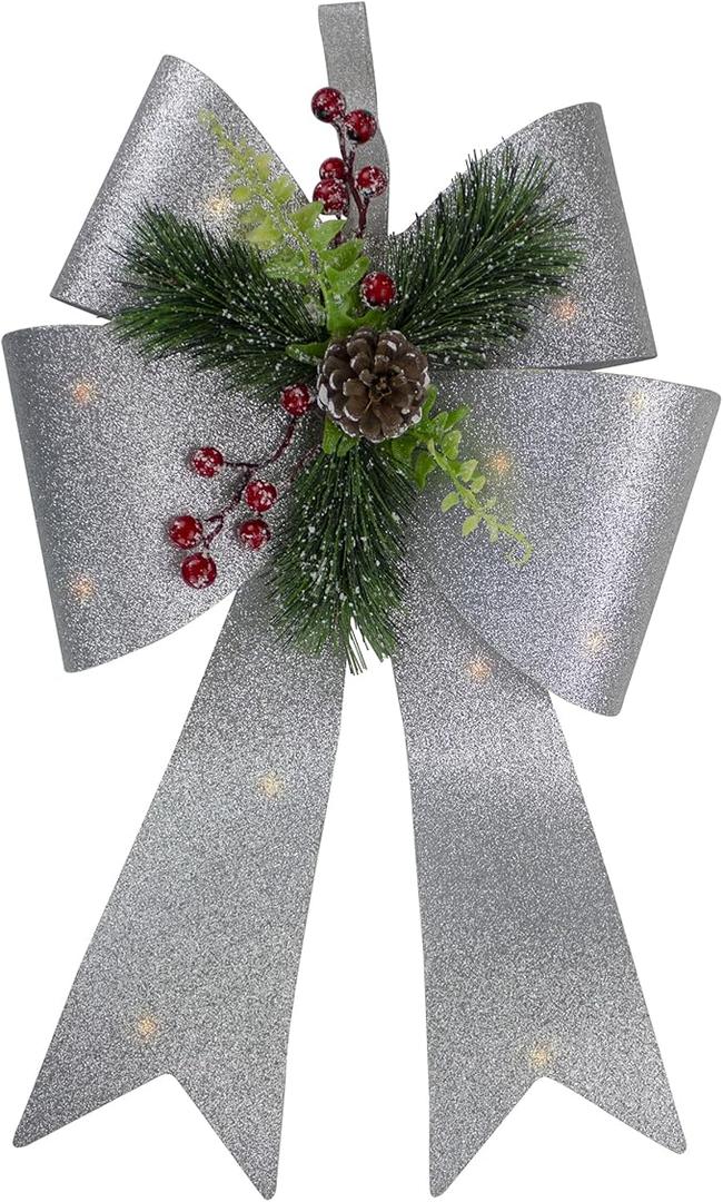 19" LED Lighted Sliver Tinsel Bow Christmas Decoration