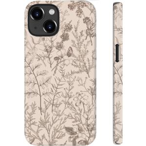 For iPhone 15 Plus Case Cute Wireless Charging Compatible Dual-Layer Shockproof Protection with Stylish Wildflower Design Protective Cover for Women - Beige Botanical Floral