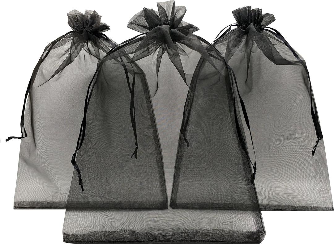 Ankirol 100pcs Sheer Organza Favor Bags 8 X 12 Large Organza Drawstring Bags (black)