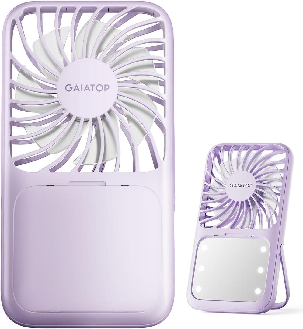Gaiatop Portable Handheld Fan, 3 Speed LED Makeup Mirror with Light, Folding Stand for Desktop, Rechargeable Mini Personal Fans Small Travel Essentials Gifts for Women Girls (Purple)