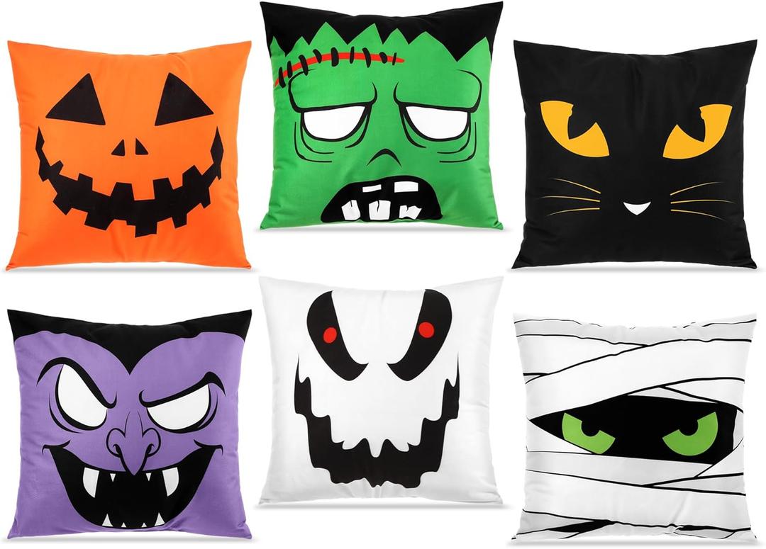 Breling 6 Set Halloween Pillow Covers, Black Cats Ghosts Pumpkin Soft Plush Faux Fur Wool Couch Throw Cushion Cover for Halloween Sofa Chair Bed Home Decorative (16 x 16 Inches)