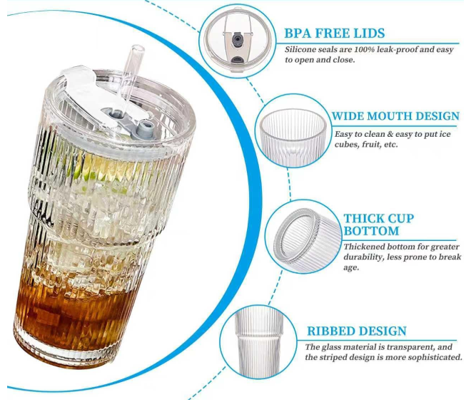 SevvyNaut 20 oz Glass Tumbler with Lid and Straw, 1  Pack Clear Ribbed Iced Coffee Cup, High Borosilicate Glass Tumbler, Reusable Vintage Glassware for Iced Coffee, Smoothies, Cocktails, and Juices