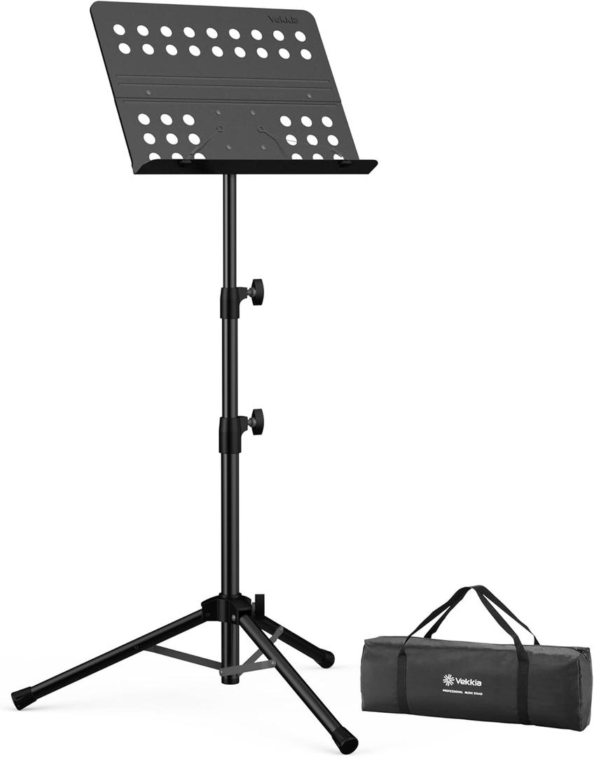 Vekkia Sheet Music Stand-Metal Professional Portable Perforated Music Stand with Carrying Bag,Folding Adjustable Music Holder,Super Sturdy suitable for Instrumental Performance & Band & Travel (32-56inch)