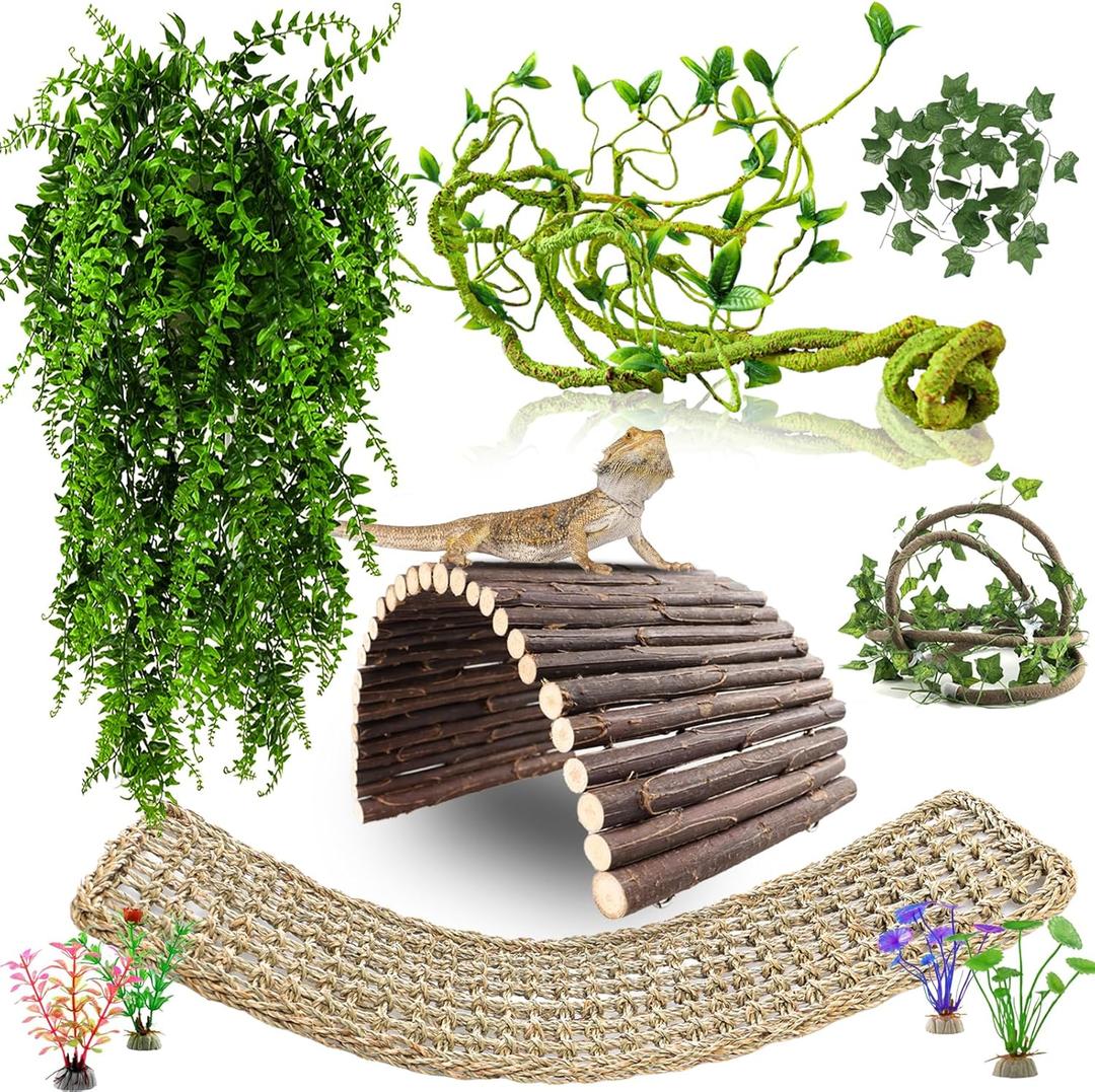 Bearded Dragon Tank Accessories, 10 PCS Reptile Hammock Plants Bridge Jungle Climber Vines for Snakes Bearded Dragon Chameleon Gecko Lizard