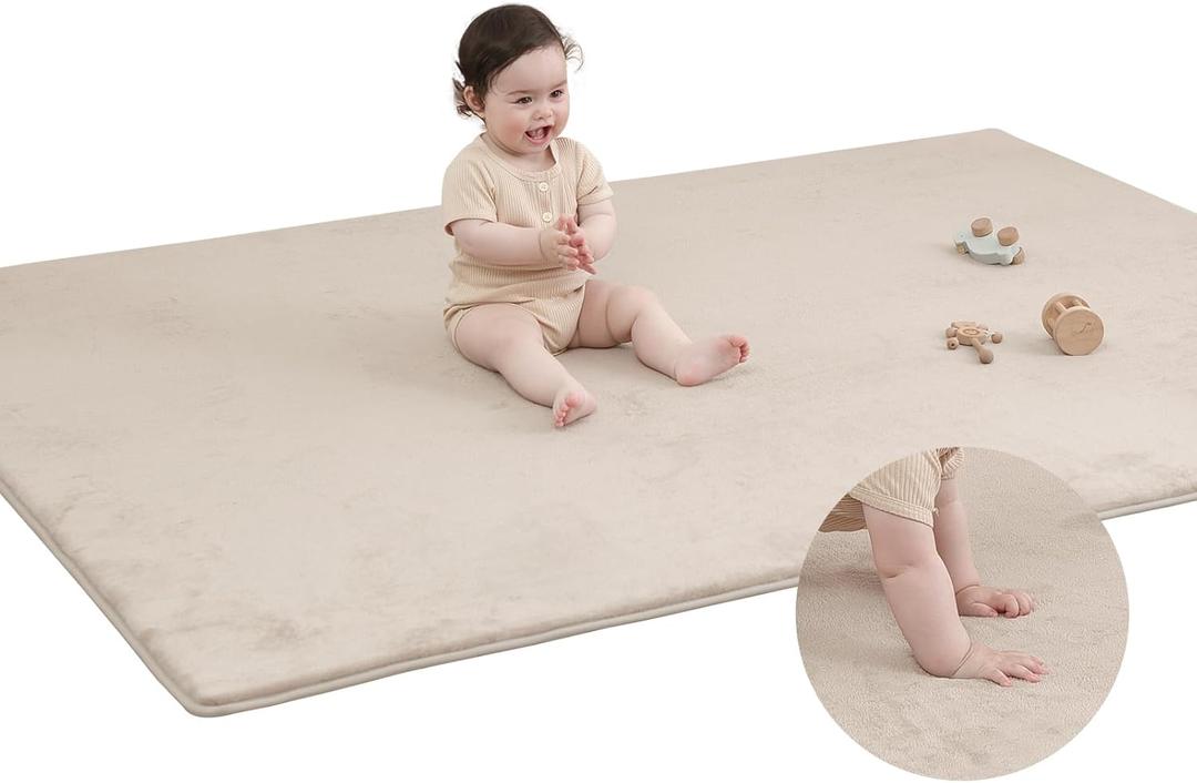 Memory Foam Baby Play Mat for Playpen, Thick & Large Crawling Mat for Floor, Soft Velvet Tummy Time Surface, Non-Slip Play Area for Kids, Toddlers, Infants in Nursery & Playroom (59"79"0.8",Beige)