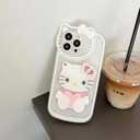 for iPhone 17 Pro Max Cute Cartoon Cat Case,Women Girls Kids 3D Bow Kawaii Cat Face Makeup Mirror Soft TPU Clear Protective Phone Cover for iPhone 17 Pro Max 6.9inch White