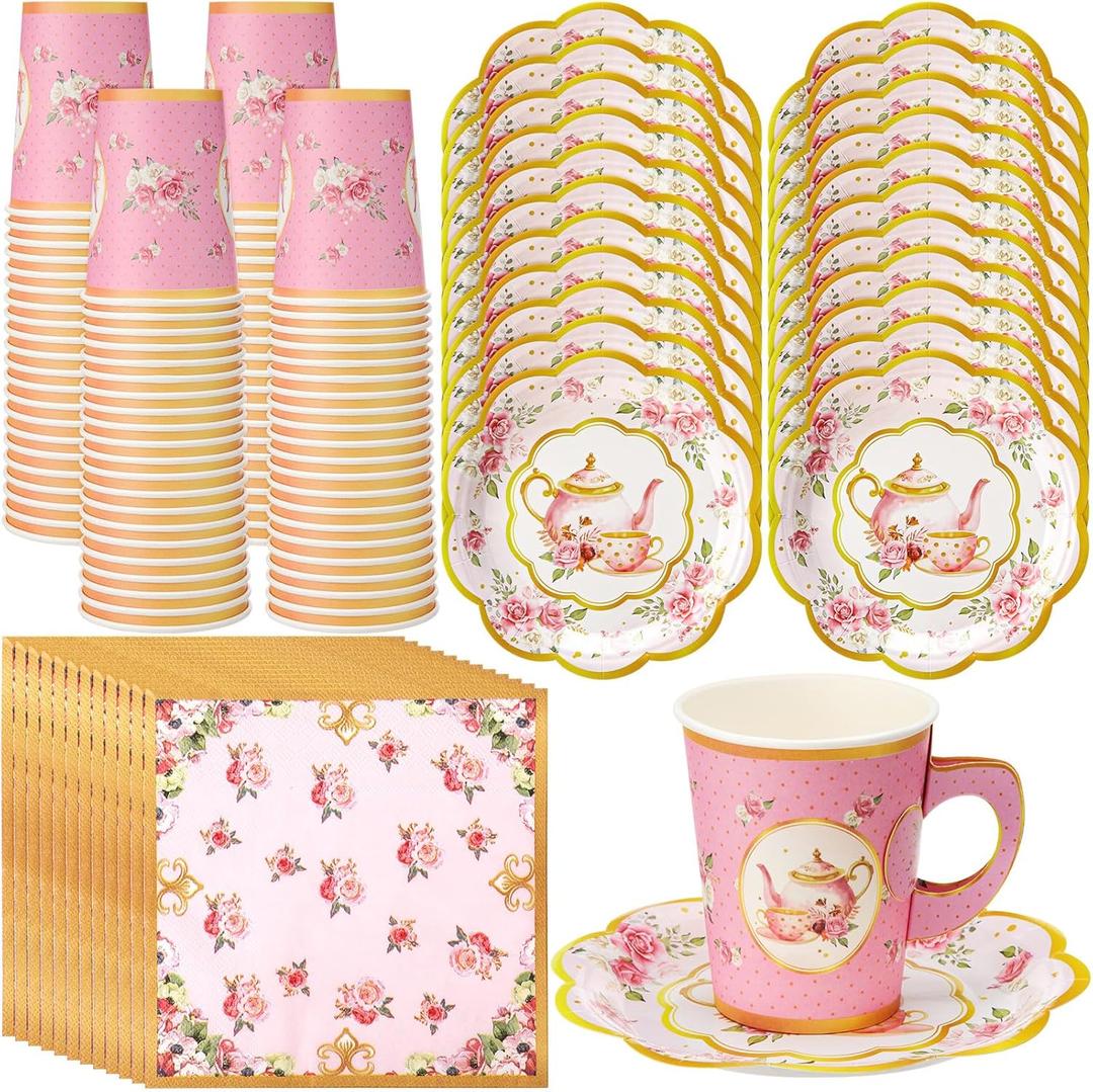 Vesici 150 Pcs Tea Party Decorations for Tables 9 oz Floral Disposable Paper Tea Cups with Handles Plates Saucers Napkins for Summer Spring Party(Teapot)