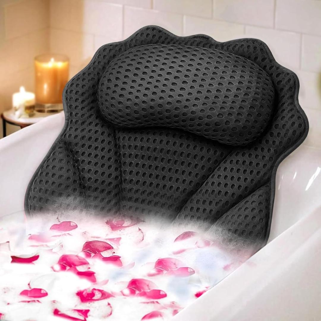 Bath Pillow RUVINCE Ergonomic Luxury Bathtub Pillow with Head, Neck, Shoulder and Back Support, 4D Bath Pillows for tub with 6 Powerful Suction Cups, Fits All Bathtub, Spa Tub, Hot Jacuzzi (Black)