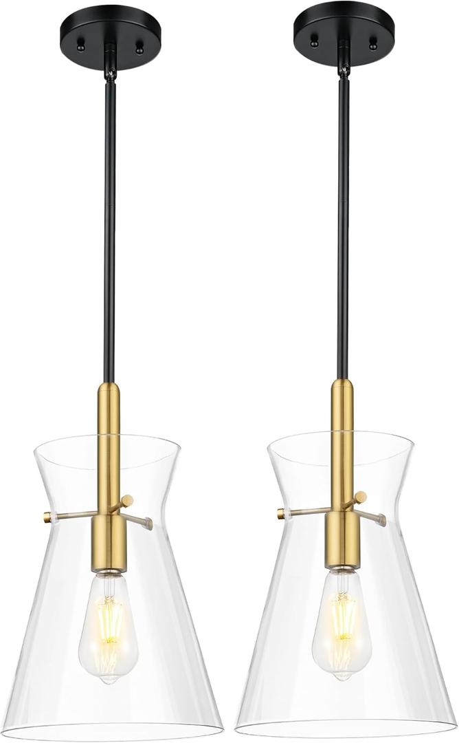 Emak Modern 9 Inch Black and Gold Pendant Lights Kitchen Island, 2 Pack Large Pendant Light with Clear Glass Shade, Farmhouse Island Lights for for Kitchen, Dining Room, Bathroom, PL130-BKBGD-CG-2PK
