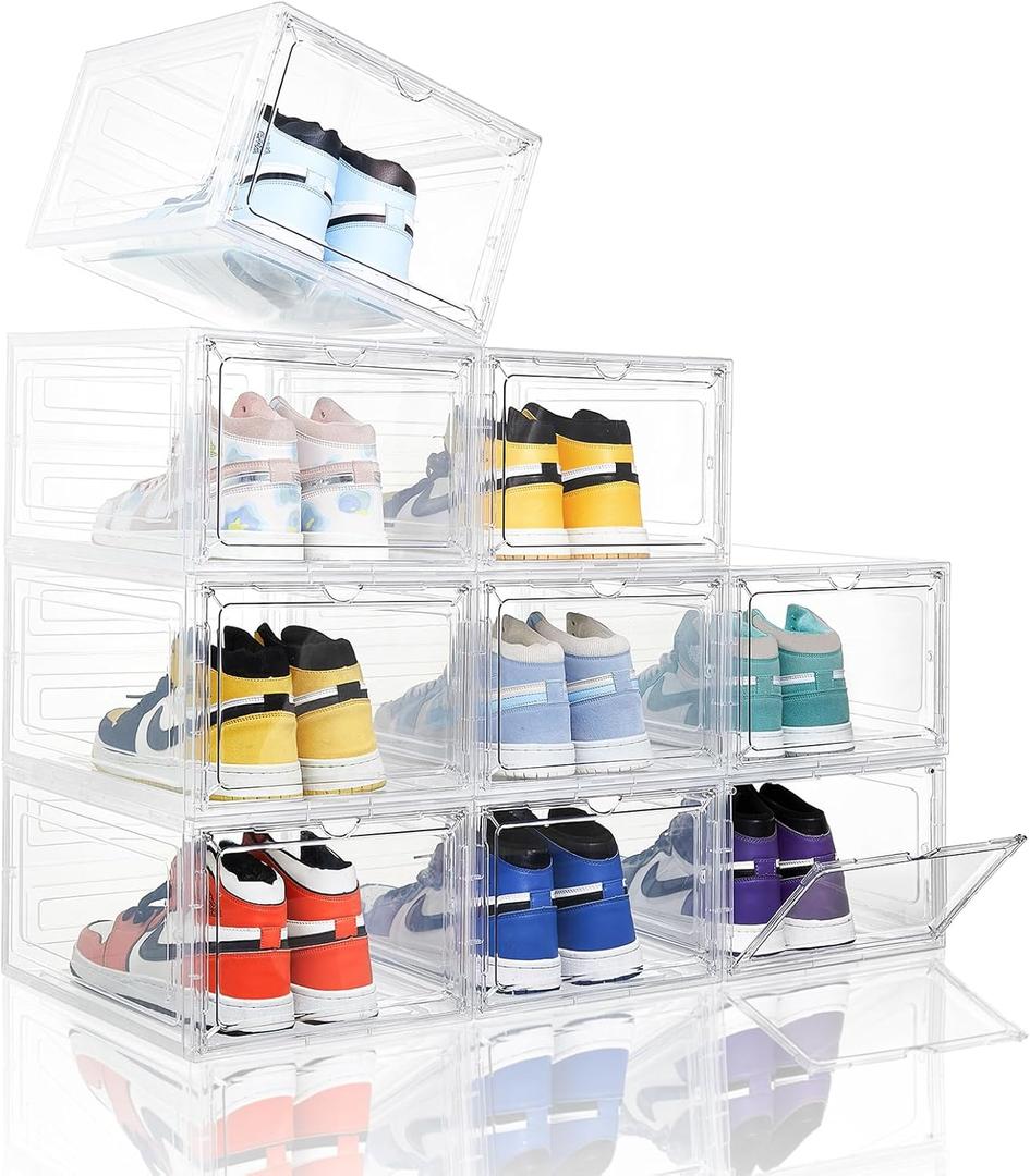 Attelite Upgraded Shoe Storage Box 9 Pack Shoe Box Clear Plastic Stackable X-Large Drop Front Shoe Box with Clear Magnetic Door,Shoe Organizer and Shoe Containers For Sneaker Display